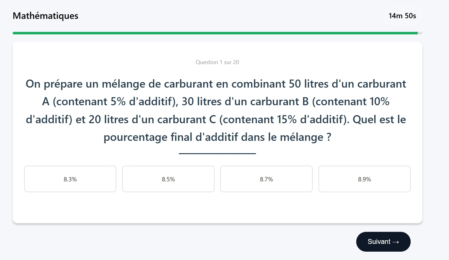 Question 1 sur 20 : pourcentage final d'additif dans un mélange de trois carburants, quatre propositions