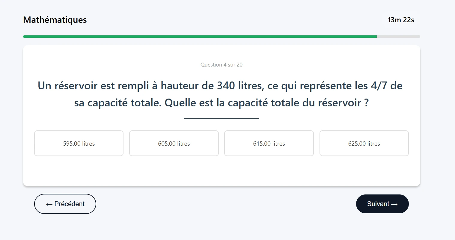 Question 4 sur 20 : capacité totale d'un réservoir rempli aux 4/7, quatre propositions en litres