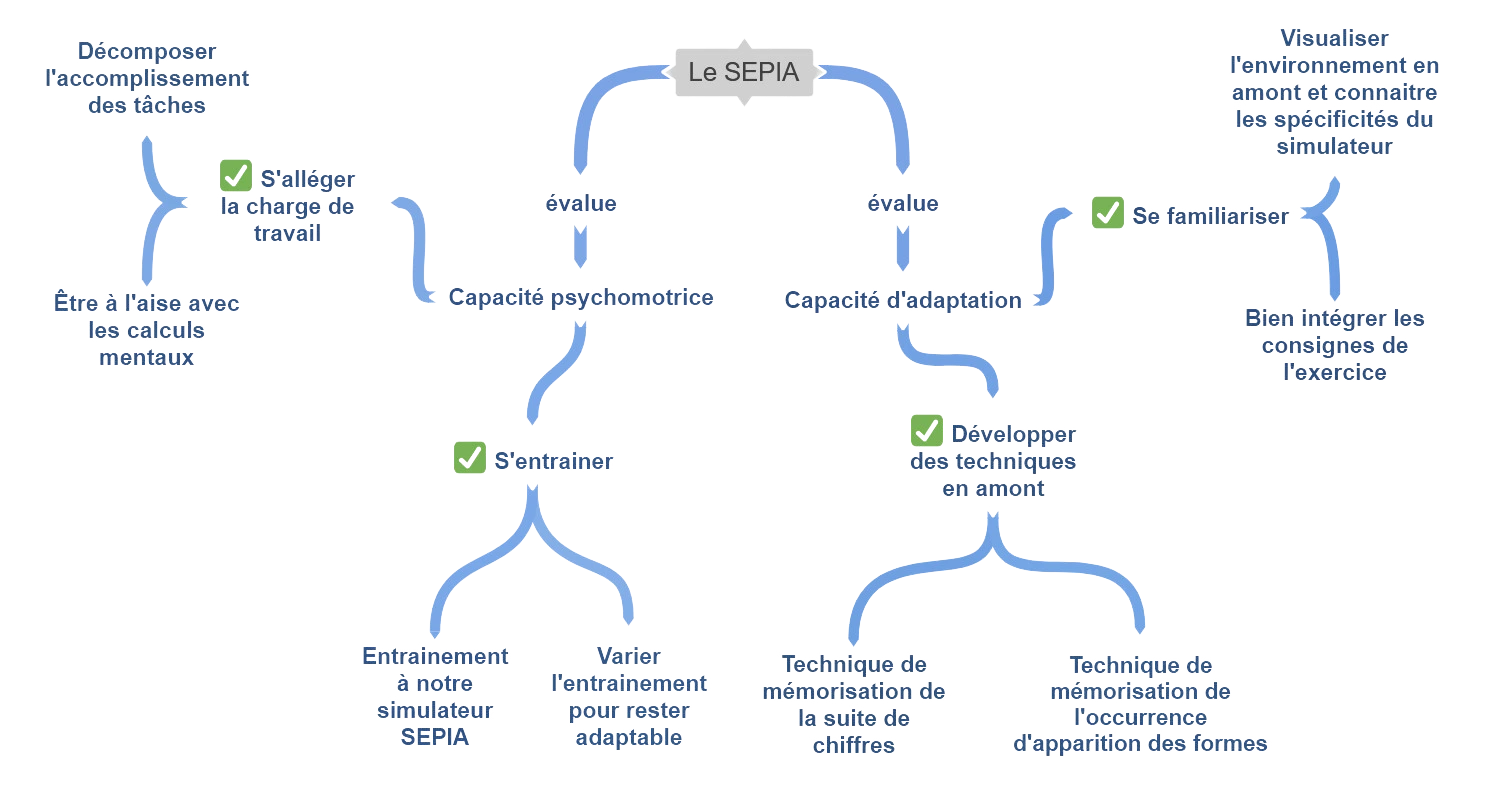 Schéma : le SEPIA évalue la capacité psychomotrice et la capacité d'adaptation, et les leviers de progression rattachés à chacune