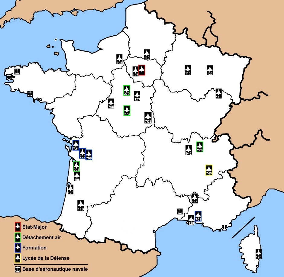 Carte des bases aériennes de l'armée de l'Air et de l'Espace en France