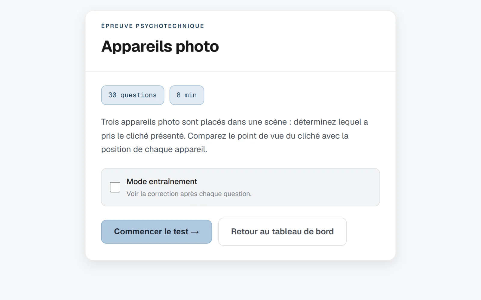L'écran de lancement d'une épreuve : nombre de questions, durée et mode entraînement