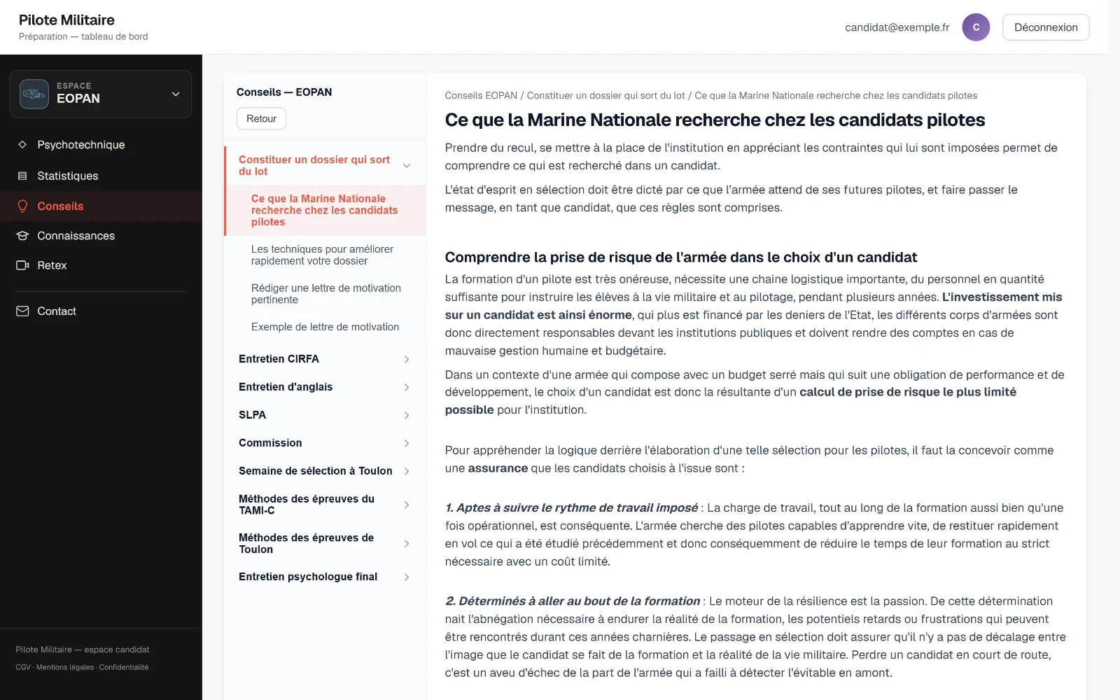Une leçon guidée ouverte dans le lecteur, sommaire de la zone à gauche