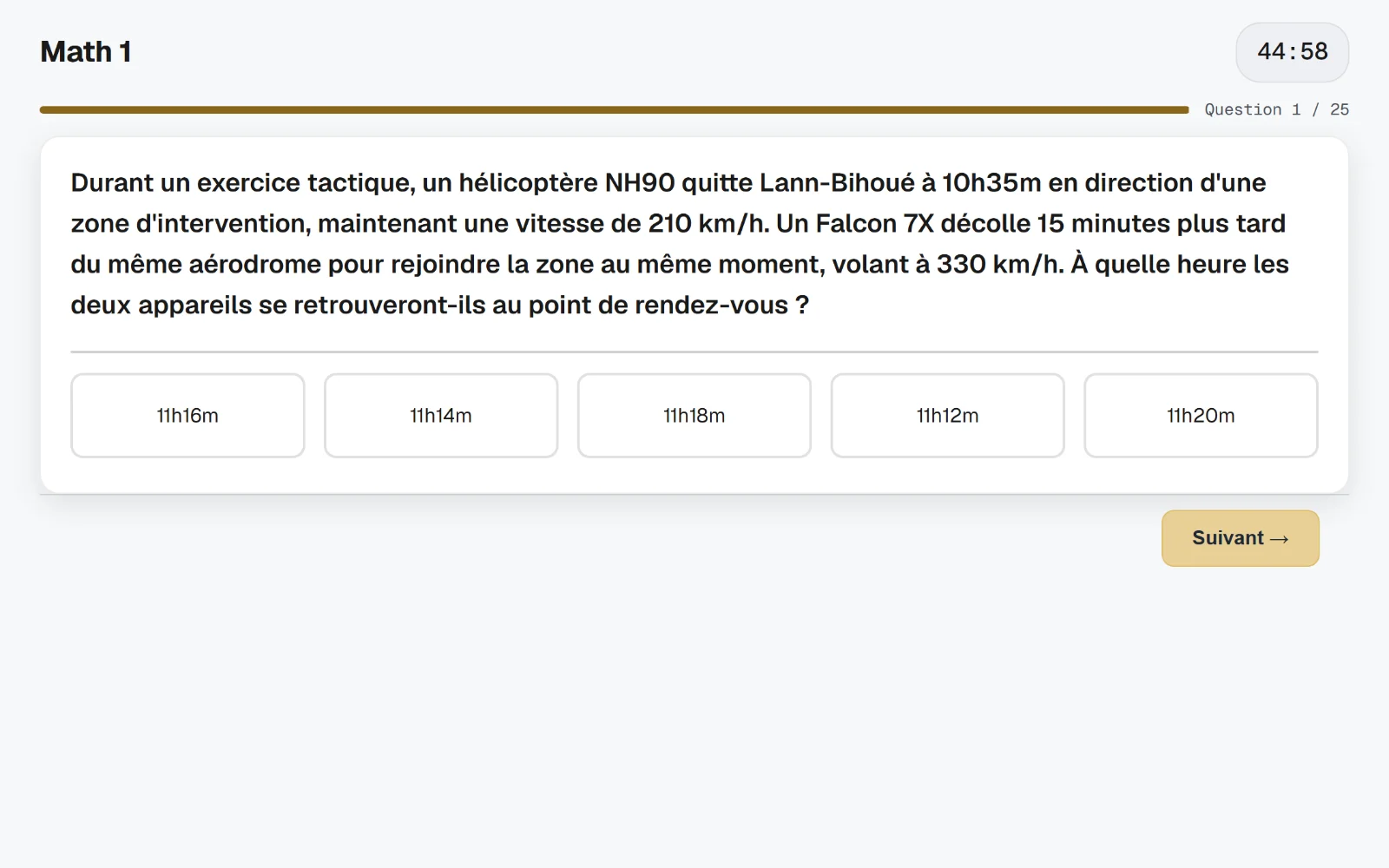 Une question d’épreuve EOPN en cours, chronomètre affiché