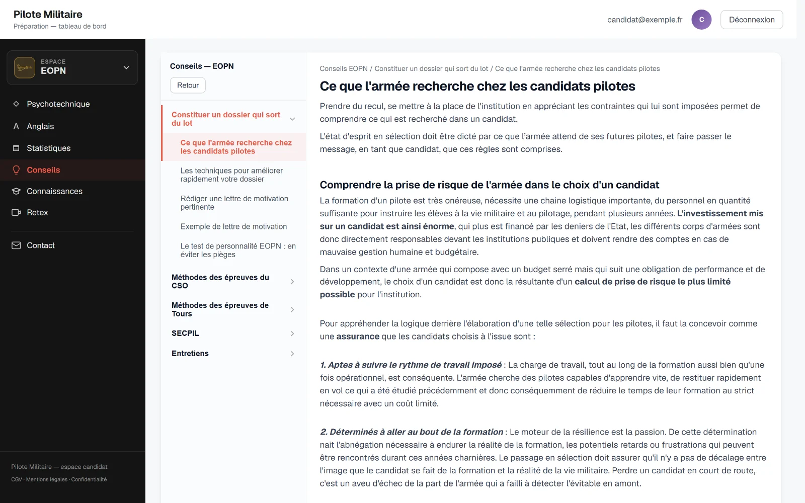 Une leçon guidée ouverte dans le lecteur, sommaire de la zone à gauche